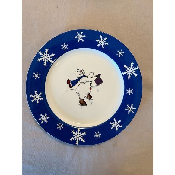 Frosty Snowman Skating‎ Sledding Blue Snowflake Dinner Dessert Plates - Set of 4 - Picture 4 of 6